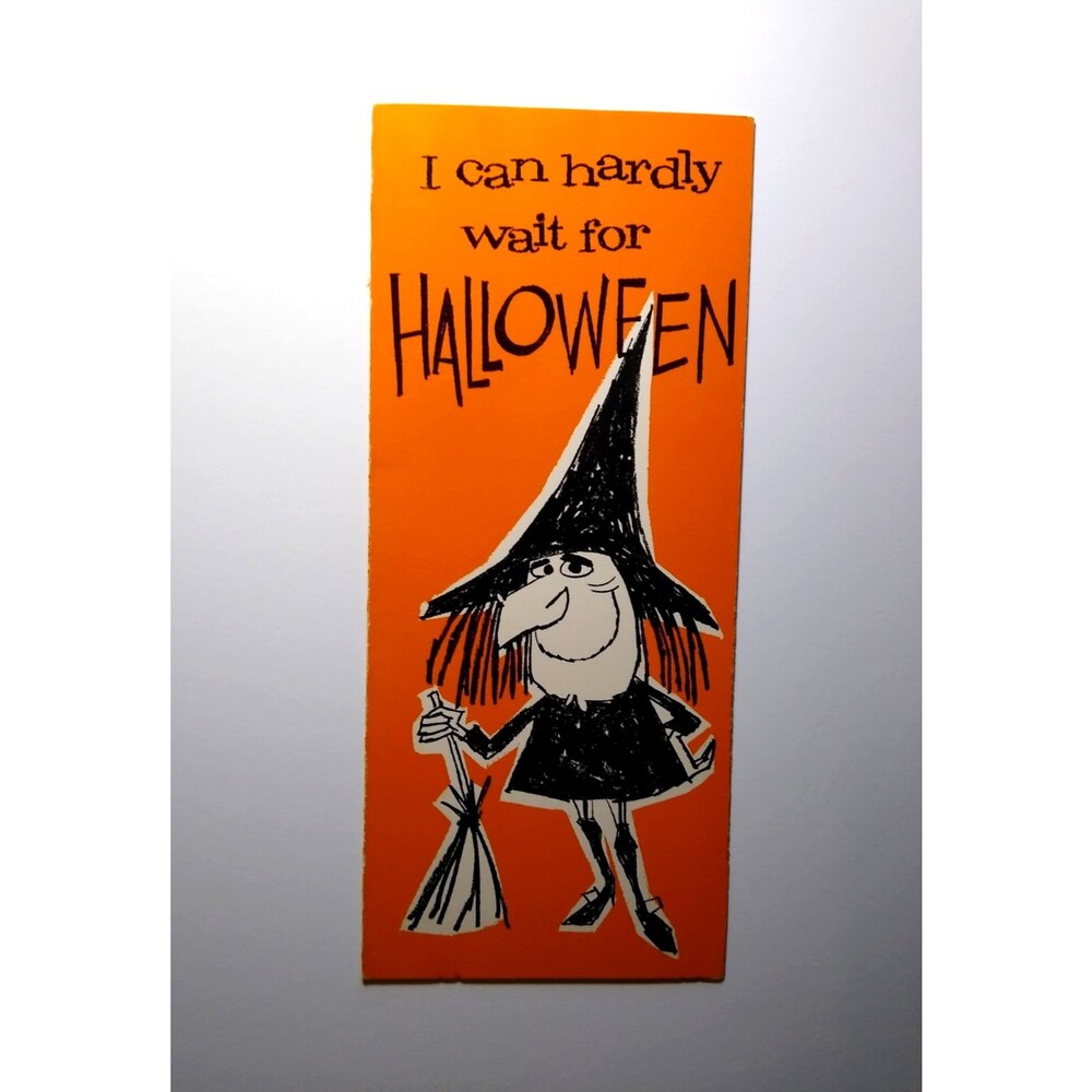 Halloween Greeting Card Vintage I Can Hardly Wait Witch Broom Reed Starline